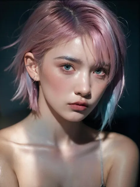 depressed,portrait of 1girl by Bill Henson,depressed,ruins,shadows,dramatic lighting,sunset,contemporary,dark,expressionism,dystopia,industrial,Half bodysliver gradient Short hair,(sliver hair:1.1),(light blue hair:1.1),(pink hair:1.2),(close_up:1.4),