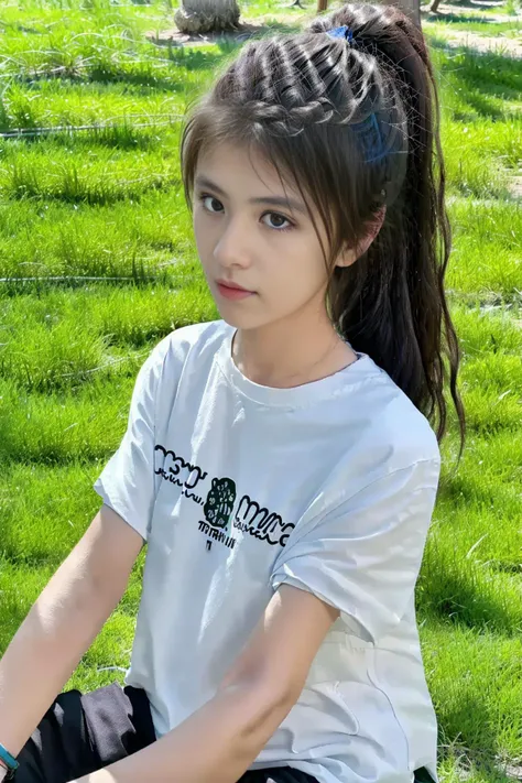1girl, against tree, brown eyes, bush, christmas tree, clothes writing, dandelion, dappled sunlight, day, dirt, fence, field, fireflies, flower field, foliage, forest, garden, grass, hill, ivy, jungle, lake, leaf, lips, long hair, looking at viewer, moss, nature, on grass, on ground, outdoors, overgrown, palm leaf, palm tree, park, park bench, path, pine tree, plant, pond, river, road, rock, shade, shirt, short sleeves, sky, solo, stream, sunlight, t-shirt, tree, tree shade, tree stump, under tree, upper body, web address, white shirt, wisteria, wooden fence,