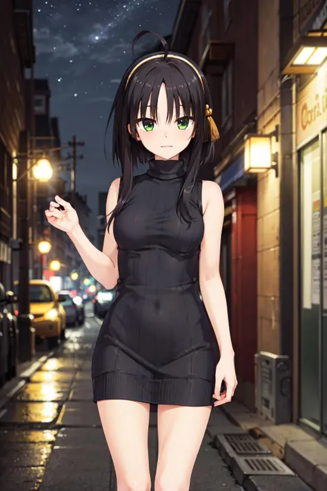 masterpiece,best quality,highres,ultra-detailed,aamako,short hair with long locks,green eyes,ahoge,hairband,<lora:hitachi_mako:0.7>,night,street,standing,sweater dress,turtleneck,sleeveless,