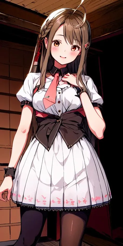 kusunoki sio,<lora:kusunoki sio:1.0>,1girl, solo, virtual youtuber, long hair, brown hair, pantyhose, pointy ears, necktie, brown eyes, hair ornament, smile, open mouth, looking at viewer, braid, head tilt, skirt, ahoge, black pantyhose, blush, short sleeves, <lora:flat2:-0.5>,<lora:boldline2:-0.5>,<lora:saturation:0.5>,<lora:noline:-0.5>,<lora:flatBG:0.5>,<lyco:kotobuki:-0.75>