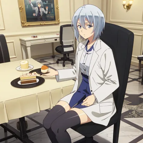 masterpiece,highres,high quality,extremely detailed,solo,indoors,
<lora:AnnettePenrose001:0.7>,expressionless,
AnnettePenrose,1girl,
grey hair,
labcoat,collared shirt,dress shirt,
blue skirt,
zettai ryouiki,sitting,cake,table,chair,