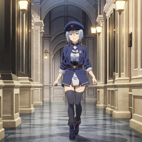 masterpiece,highres,high quality,extremely detailed,solo,indoors,
<lora:AnnettePenrose001:0.7>,smile,parted lips,
AnnettePenrose,1girl,
grey hair,short hair,
military hat,
jacket,shirt,dress shirt,
blue skirt,
zettai ryouiki,thighhighs,
boots,
full body,walking,