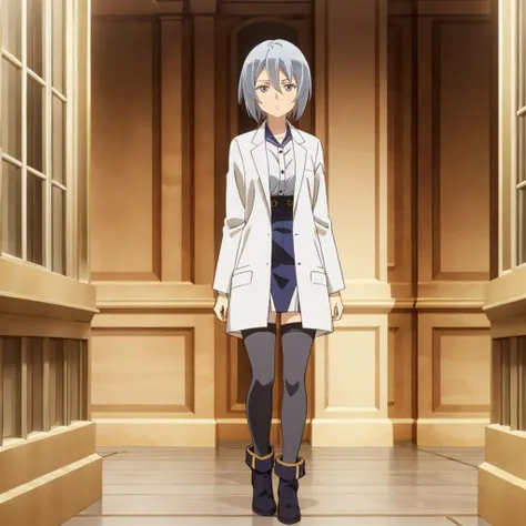 masterpiece,highres,high quality,extremely detailed,solo,indoors,
<lora:AnnettePenrose001:0.7>,expressionless,
AnnettePenrose,1girl,
grey hair,
labcoat,collared shirt,dress shirt,
blue skirt,
zettai ryouiki,thighhighs,
boots,