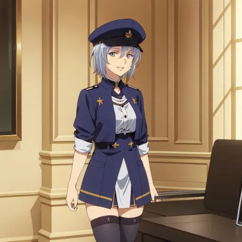 masterpiece,highres,high quality,extremely detailed,solo,indoors,
<lora:AnnettePenrose001:0.7>,smile,parted lips,
AnnettePenrose,1girl,
grey hair,short hair,
military hat,
jacket,shirt,dress shirt,
blue skirt,
zettai ryouiki,thighhighs,
boots,