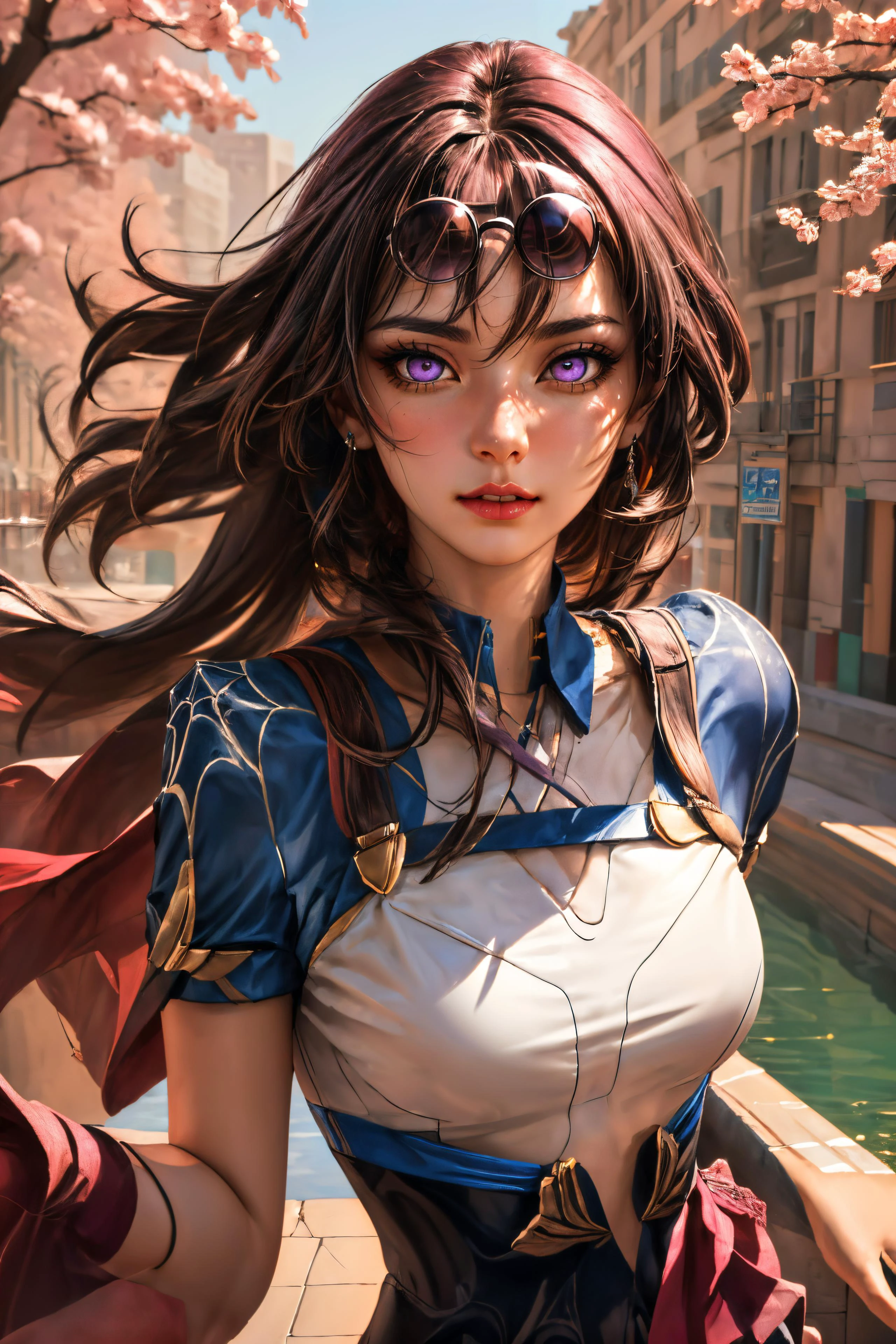 (best quality, masterpiece, colorful, dynamic angle, highest detailed)(( <lora:kafka-10:0.8> kafka, eyewear on head, purple eyes, pantyhose, <lora:ç½çº¢åä¹³å°è®è
°æ°´ææ_v1.0:0.8> xueshengzhuang)), upper body photo, (high resolution textures), in dynamic pose, bokeh, (intricate details, hyperdetailed:1.15), detailed, sunlight passing through hair, colorful art background, (official art, extreme detailed, highest detailed), photodromm, erotic, large breasts, hyperrealistic art, extremely high-resolution details, photographic, realism pushed to extreme, fine texture, incredibly lifelike, <lora:more_details:0.5>