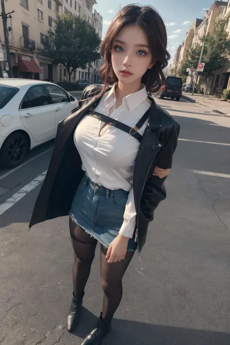 (Best Quality, Masterpiece:1.4), (Realism:1.2), (Realisitc:1.2), (Absurdres:1.2), (photorealistic:1.3), 1 girl,Realistic Skin,Solo,( Very Big Eyes,beautiful detailed eyes, symmetric eyes,),outdoors,kafka, eyewear on head, shirt, white shirt, jacket, pantyhose,<lora:kafka-10:0.8> ,full body,