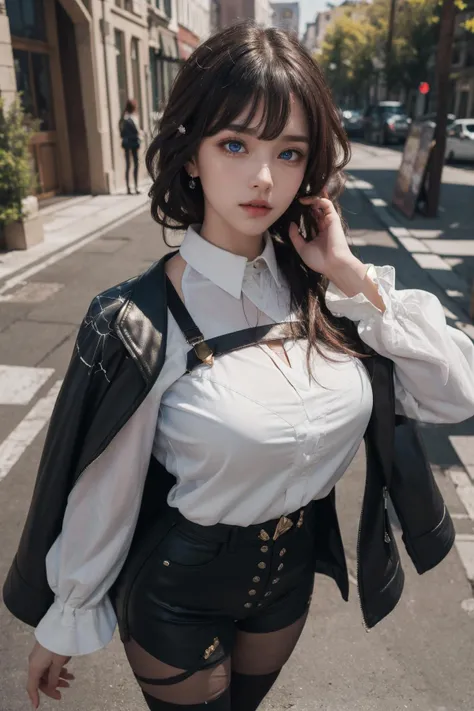 (Best Quality, Masterpiece:1.4), (Realism:1.2), (Realisitc:1.2), (Absurdres:1.2), (photorealistic:1.3), 1 girl,Realistic Skin,Solo,( Very Big Eyes,beautiful detailed eyes, symmetric eyes,),outdoors,kafka, eyewear on head, shirt, white shirt, jacket, pantyhose,<lora:kafka-10:0.8> ,full body,
