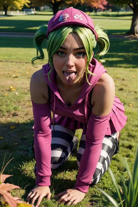 Zoey, pink hat, green hair, twintails, pink hoodie, bare shoulders, pink skirt, black striped pants, looking at viewer, aroused, mouth open, blush, on all fours, leaning forward, outside, grass, trees, autumn, from_above, high quality, masterpiece, <lora:Zoey:.4> <lora:Tongues_V62:.8>