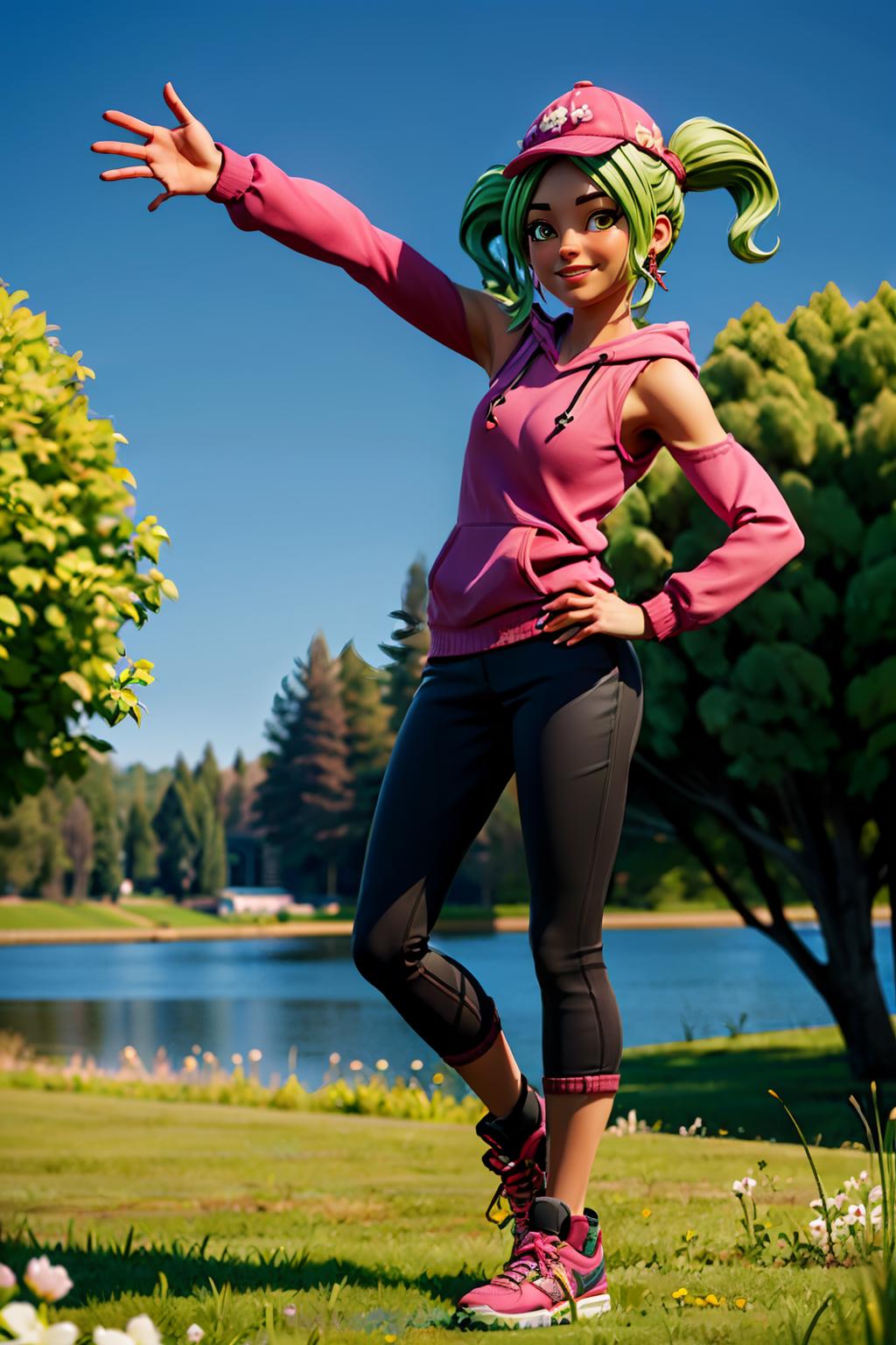 Araffe dressed in pink and black posing in a park - SeaArt AI