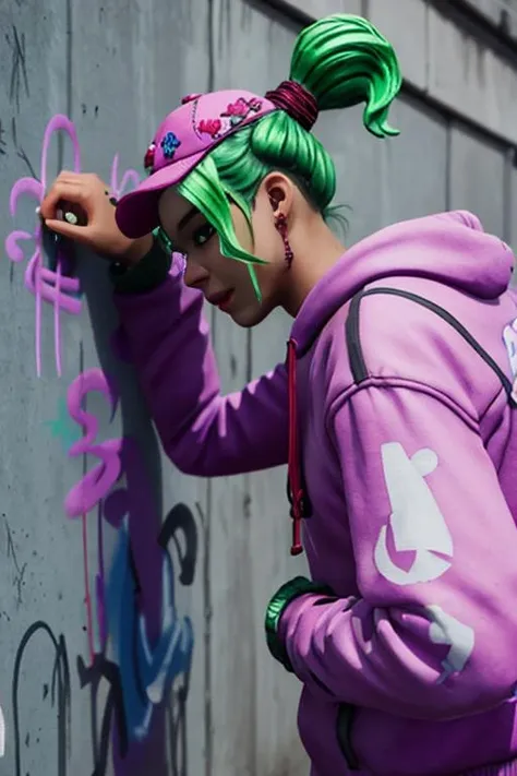 making graffiti on the walls, <lora:Zoey:0.7>, looking back,