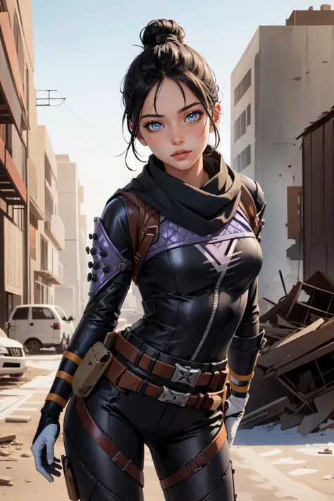 (masterpiece, best quality), intricate details,
1girl, <lora:wraith_(apex_legends):0.8> wraith (apex legends), single hair bun, hair bun, bodysuit, scarf, black bodysuit, holding, breasts, black hair, black scarf, large breasts, blue eyes, belt, brown belt, bangs, parted bangs, hair behind ear, gloves, nose piercing, black gloves, thigh strap,
ruined skyscraper, debris, post-apocalypse, arms behind back, leaning forward,