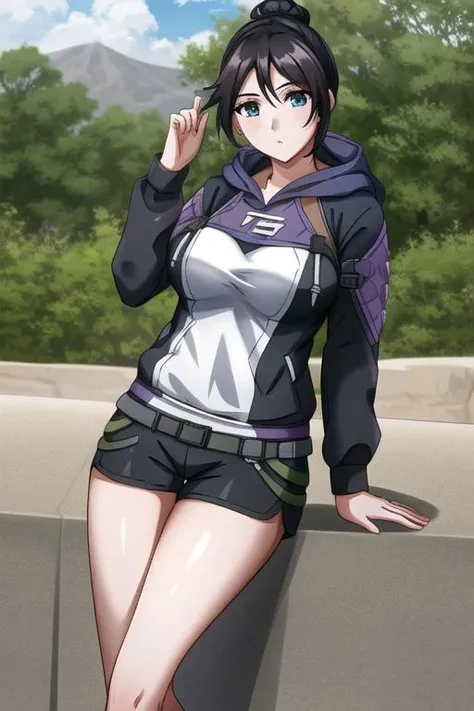 <lora:Wraith_(apex_legends):.6> wraith (apex legends), 1girl, solo, breasts, outdoors, hoodie, shorts,