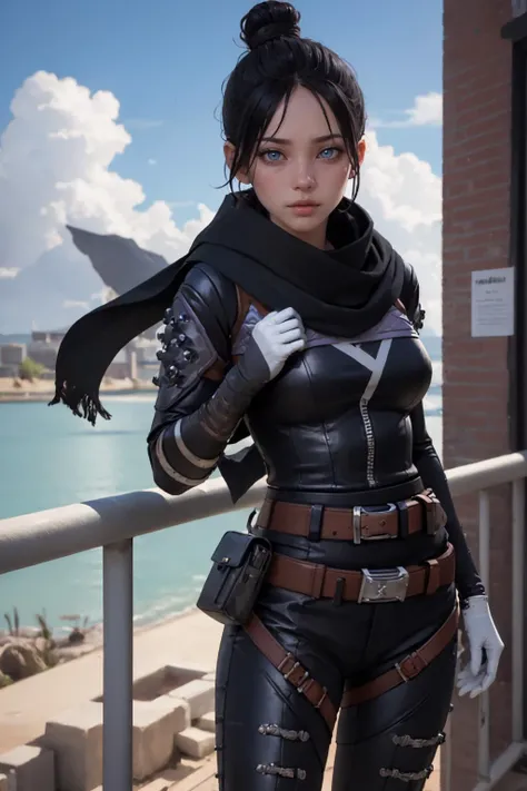 (masterpiece, best quality:1.2), <lora:wraith_(apex_legends):.9>, wraith (apex legends), 1girl, solo, single hair bun, hair bun, bodysuit, scarf, black bodysuit, holding, breasts, black hair, black scarf, large breasts, blue eyes, belt, brown belt, bangs, parted bangs, hair behind ear, gloves, nose piercing, black gloves, thigh strap, looking at viewer, letter, outdoors, sky, envelope, petals, railing, hand on own chest, blue sky, day, blurry, cloud