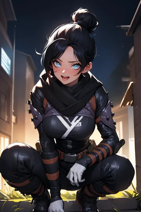 (masterpiece, best quality:1.2), <lora:wraith_(apex_legends):.9>, wraith (apex legends), 1girl, solo, single hair bun, hair bun, bodysuit, scarf, black bodysuit, holding, breasts, black hair, black scarf, large breasts, blue eyes, belt, brown belt, bangs, parted bangs, hair behind ear, gloves, nose piercing, black gloves, thigh strap, squatting, open mouth, smile, looking at viewer, outdoors, night, fog, sitting in tree,