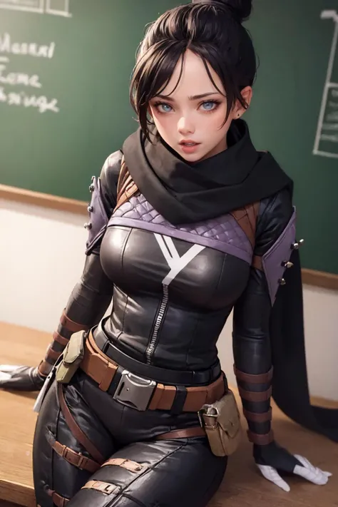(masterpiece, best quality:1.2), <lora:wraith_(apex_legends):.9>, wraith (apex legends), 1girl, solo, single hair bun, hair bun, bodysuit, scarf, black bodysuit, holding, breasts, black hair, black scarf, large breasts, blue eyes, belt, brown belt, bangs, parted bangs, hair behind ear, gloves, nose piercing, black gloves, thigh strap, looking at viewer, open mouth, chalkboard, thigh gap, hand on own chest, inside, thighs, thick thighs,