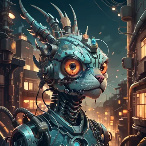 <lora:Fancy animal portraits v2:1>, trippy, psychedelic, colorful, 2d, anime, detailed, illustration, intricate, <lora:add_detail_realistic:1>, <lora:sharpen-soften:-0.5>,  solo,  upper body, looking away, detailed background, detailed face, (<lora:DecorationBundlev2:0.6>, GlassSteelAI theme:1.1), android, cyborg, mechanical limbs, mechanical eyes, wires, cables,  running,       electronics,  gears,  powered by dark matter,  particle effects, bright Blush lights, bioluminescent parts, force field, reflections,  cables in background, cinematic atmosphere,