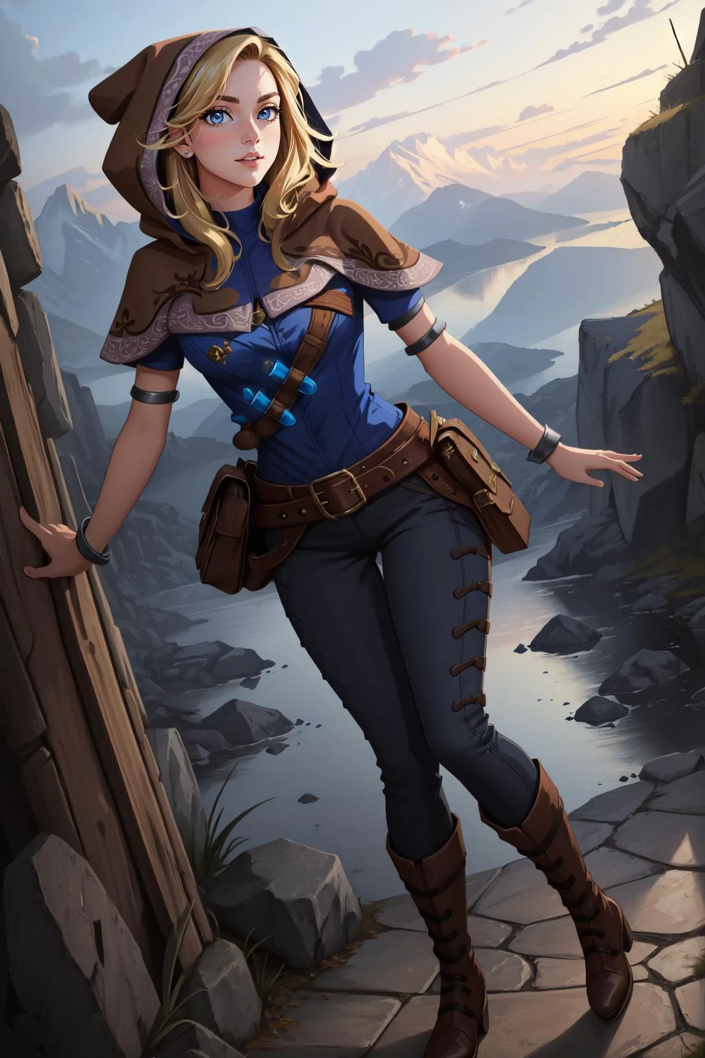 (masterpiece, best quality), intricate details,
1girl, <lora:spellthieflux-nvwls-v1-final:0.8> spellthieflux, hood, capelet, blue shirt, belt, bracelet, glowing, brown pants, boots