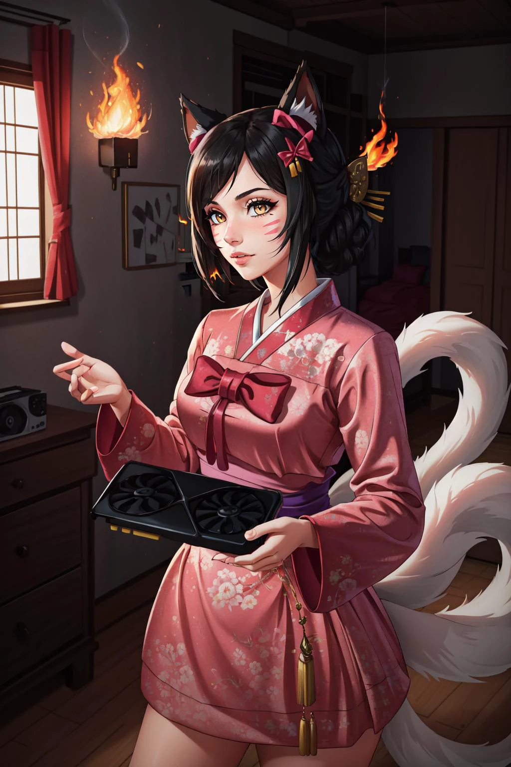 (masterpiece, best quality), intricate details,
1girl, <lora:lol_dynasti_ahri-000018:0.8> dynasty ahri, 1girl, animal ears, whisker markings, korean clothes, long sleeves, hair ornament, bow, yellow eyes, black hair, multiple tails
(fire:1.2), indoors, burning house, smoke, bedroom,
<lora:GraphicsCardMeme:0.8> incrsgc, gc, holding incrsgc, graphics card,