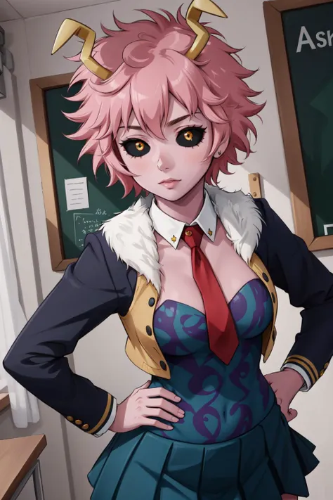 (masterpiece, best quality),  intricate details,
1girl,    <lora:ashido_mina_v1:0.8> ashidomina, short hair, horns, (colored sclera:1.1), (black sclera:1.2), pink skin, collarbone, bare shoulders, cleavage, fur trim, vest, unitard, bodysuit, <lyco:coloredSclera-000010:0.6>, ashidomina, short hair, horns, (colored sclera:1.1), (black sclera:1.2), pink skin, school uniform, red necktie, collared shirt, blazer, grey jacket, long sleeves, pleated skirt, green skirt,