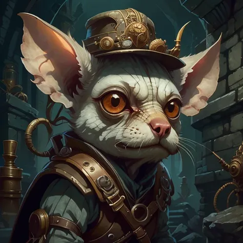 <lora:Fancy animal portraits v2:1>, trippy, psychedelic, colorful, 2d, anime, detailed, illustration, intricate, <lora:add_detail_realistic:1>, <lora:sharpen-soften:-0.5>, solo, from front, front view, half shot, detailed background, detailed face, (<lora:DwemerTech:0.7> dwemertech theme:1.1), explorer, sneaking, stoic, leather clothes, explorer hat, artifact, holster, compass, (abandoned:0.7) dark dungeon background, long forgotten relics, mist, occult, dark foreboding atmosphere,