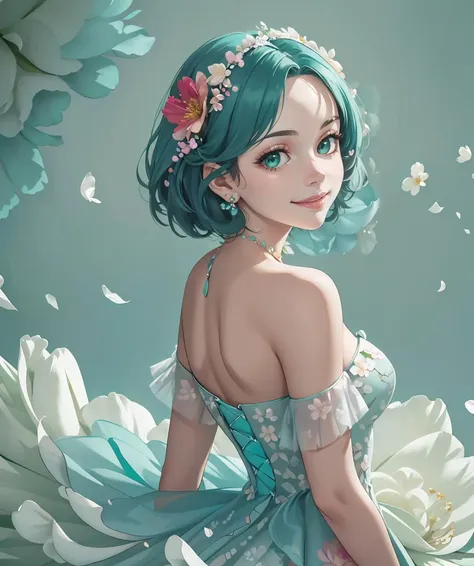 8k, Best Quality, Masterpiece, Super Detail, tilt angle,   over the shoulder shot, (1girl with turquoise hair),  green eyes, Unmanaged, light smile, flowers (Daisy:0.5), light smile, happy, looking at viewer, (ruby floral dress:1.3), simple background, still life  <lora:floral dress:1.3>