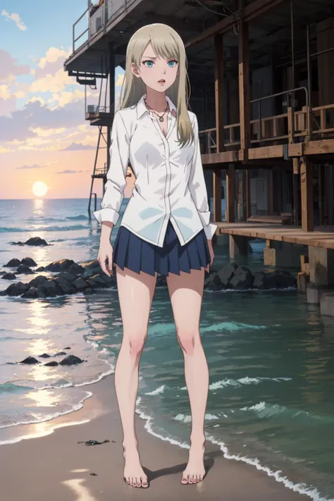 ((masterpiece)), (best quality), official art, pixel-perfect, detail-perfect,
1girl, lily someya, school uniform, white shirt, necklace, barefoot, Size A breasts,
anger, full body,
ocean, sunset,
<lora:lily-jknomuda:0.7>