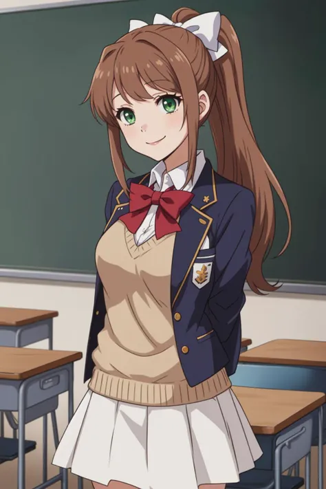 cowboy shot, 1girl, solo, classroom, school uniform, monika (doki doki literature club), doki doki literature club, brown hair, very long hair, white bow, hair bow, ponytail, green eyes, white shirt, blue skirt, brown sweater, grey vest, closed jacket, standing, (leaning forward:0.8), (arms behind back:1.2), smile, 2d, (anime), detailed, illustration, intricate