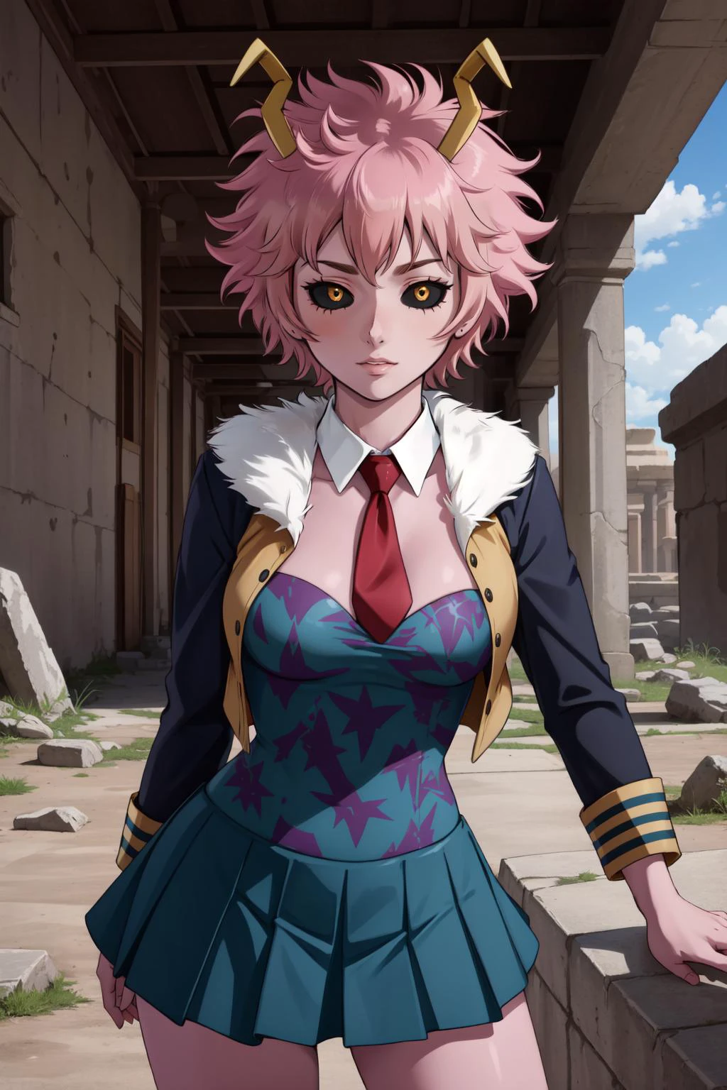 (masterpiece, best quality), intricate details,
1girl, <lora:ashido_mina_v1:0.8> ashidomina, short hair, horns, (colored sclera:1.1), (black sclera:1.2), pink skin, collarbone, bare shoulders, cleavage, fur trim, vest, unitard, bodysuit, <lyco:coloredSclera-000010:0.6>, ashidomina, short hair, horns, (colored sclera:1.1), (black sclera:1.2), pink skin, school uniform, red necktie, collared shirt, blazer, grey jacket, long sleeves, pleated skirt, green skirt,
ancient battlefield, debris, magic, fantasy, war,