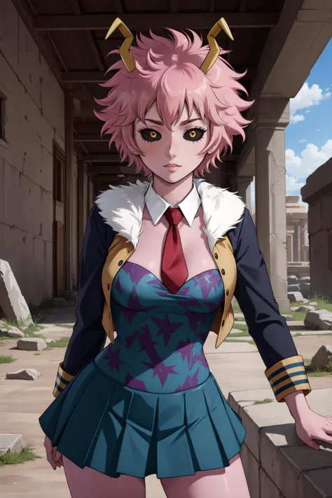 (masterpiece, best quality),  intricate details,
1girl,    <lora:ashido_mina_v1:0.8> ashidomina, short hair, horns, (colored sclera:1.1), (black sclera:1.2), pink skin, collarbone, bare shoulders, cleavage, fur trim, vest, unitard, bodysuit, <lyco:coloredSclera-000010:0.6>, ashidomina, short hair, horns, (colored sclera:1.1), (black sclera:1.2), pink skin, school uniform, red necktie, collared shirt, blazer, grey jacket, long sleeves, pleated skirt, green skirt, 
ancient battlefield, debris, magic, fantasy, war,