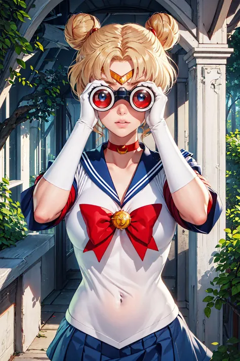 ((masterpiece)), (best quality), official art, extremely detailed CG, 
1girl, sailor moon, blue eyes, blonde hair, long hair, hair bun, jewelry, sailor senshi uniform, blue sailor collar, red choker, twintails, red bow, blue skirt, <lora:smoon-1:1>, 
holding binoculars, outdoors, forest,