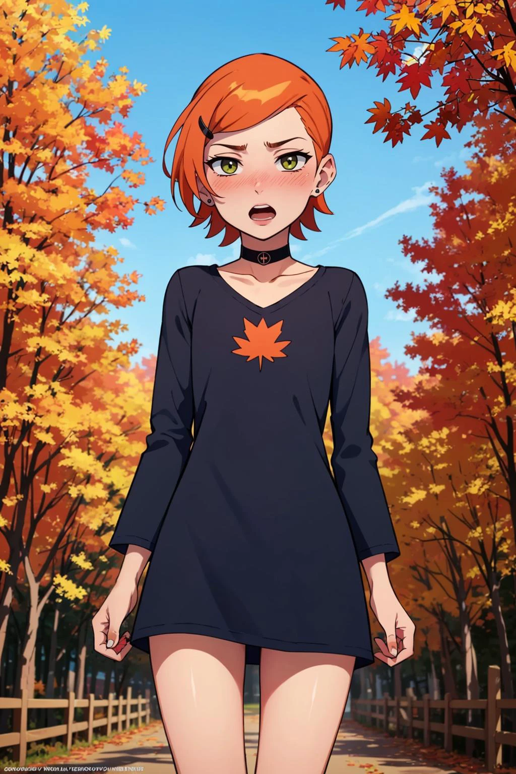 ((masterpiece)), (best quality), official art,photorealistic,
1girl, gwendolyn, red hair, short hair, flat chest, chest logo, taut clothe, hair ornament, lite blue outfit, taut clothes,
gwendolyn, black mini dress, choker, open mouth, blush,
outdoors, autumn,
<lora:GwendolynTennyson_v0.1:0.8>