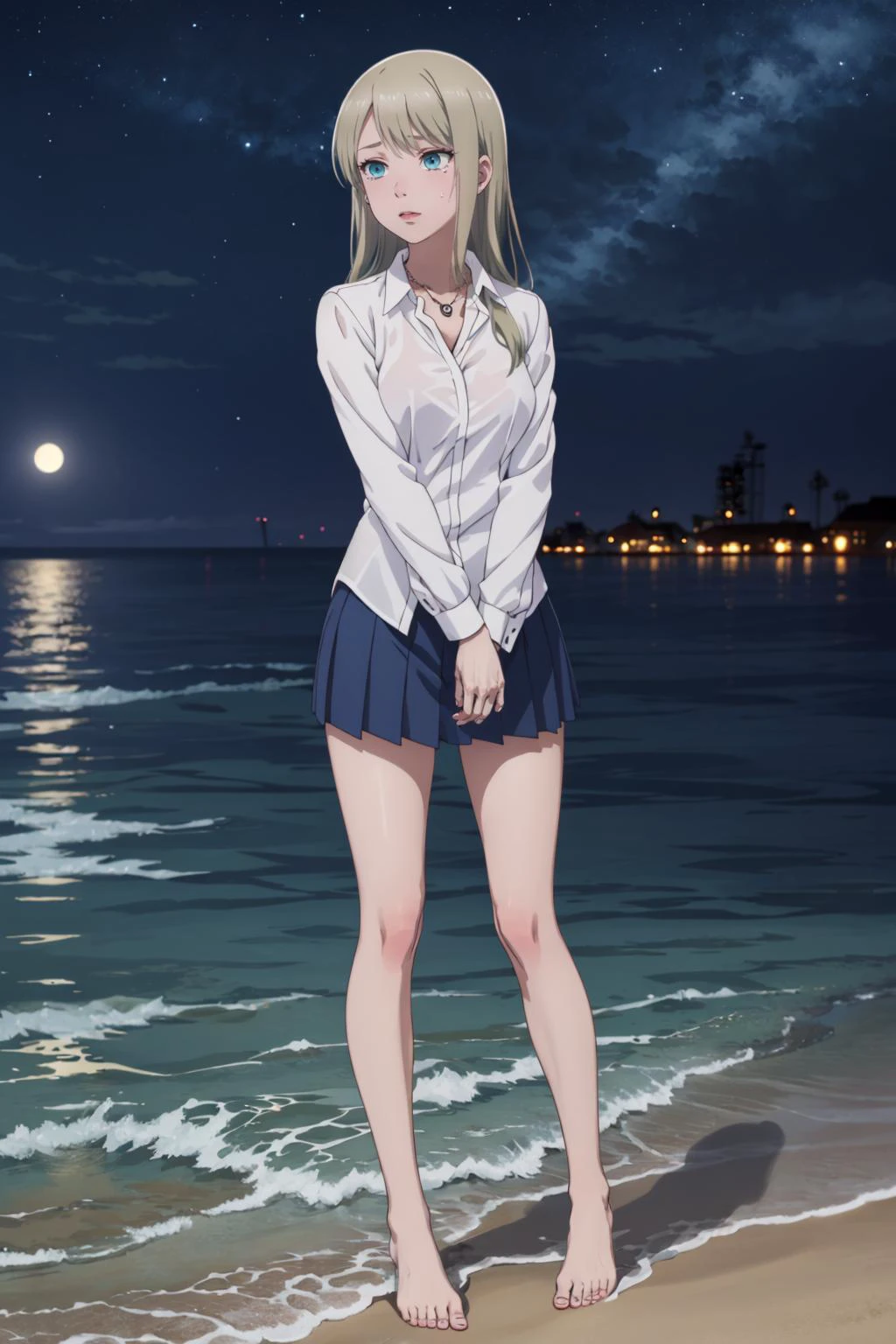 ((masterpiece)), (best quality), official art, pixel-perfect, detail-perfect,
1girl, lily someya, school uniform, white shirt, necklace, barefoot, Size D breasts,
tears, full body,
ocean, night,
<lora:lily-jknomuda:0.7>