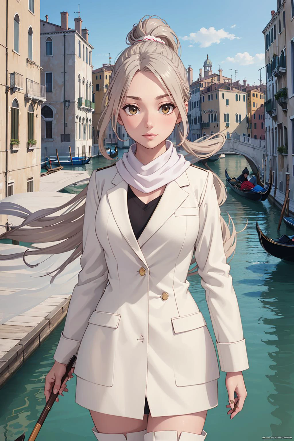 ((masterpiece)), (best quality), official art, extremely detailed CG, unity 8k wallpaper, ultra detailed,
KotoneNoda, ponytail, white coat, white shirt, white pencil skirt, white scarf, white thigh boots, 
whiskers, upper body, 
Balancing on the edge of a gondola in Venice's canals, she captures the essence of enchanting romance, 
<lora:KotoneNoda:0.9>