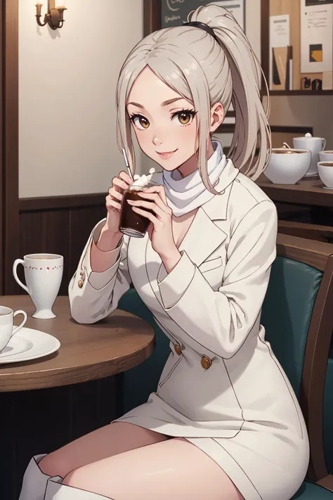 ((masterpiece)), (best quality), official art, extremely detailed CG, unity 8k wallpaper, ultra detailed,
KotoneNoda, ponytail, white coat, white shirt, white pencil skirt, white scarf, white thigh boots, 
smile fang, upper body, 
Seated at a quaint café, she sips tea while elegantly crossing one leg over the other, 
<lora:KotoneNoda:0.9>