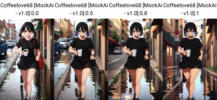 (masterpiece, best quality),  intricate details,
1girl,  <lora:gijinkaseries_blackhole-11:0.8> blackhole-chan, colored sclera, black shirt, miniskirt, 
 street, rain, puddle, reflection, wet t-shirt, see-through, 
 <lora:Coffeelove68 [MockAi - v1.0]:0.0> coffeelove68, thick lineart, soft lineart,