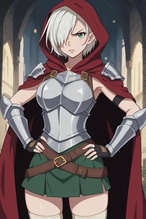 1girl, disdain, angry, hair over one eye, armored dress, (armor), breastplate, gauntlets, hooded cloak, red hood, fingerless gloves, hands on hips, thighhighs, short dress, white hair, green eyes, short hair, lips, (pointy ears:0.8), cleric, facing viewer, cowboy shot, 2d, (anime), detailed, illustration, intricate