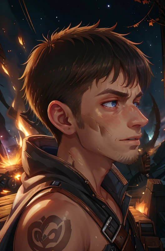 man, <lora:dg_Jesse_v1:1> dg_Jesse, trippy, psychedelic, colorful, 2d, anime, detailed, illustration, intricate, <lora:add_detail_realistic:1>, <lora:sharpen-soften:-0.5>, BREAK Style-GravityMagic, portrait, solo, from side, side view, upper body, looking away, detailed background, detailed face, (<lora:WoodIronAIv2:0.6>, WoodIronAI theme:1.1), focus on eyes, supernatural eyes, witcher, monster slayer, wearing studded witcher clothes, battle-worn, bruises, cape belts, wolf witcher symbol, glowing tattoos, magic-infused, underground cave in background, dawn, tense action, dust particles, wind blowing, bokeh, mystical atmosphere,