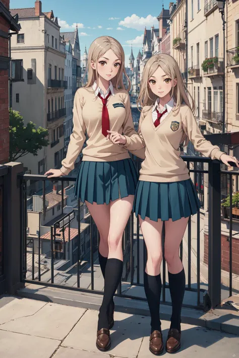 ((masterpiece)), (best quality), official art, extremely detailed CG, unity 8k wallpaper, ultra detailed,
KotoneNoda, school uniform, beige sweater, long sleeves, shirt, pleated skirt, kneehighs, red necktie,
whiskers, full body,
Leaning against a wrought-iron balcony railing, she overlooks a bustling European street with a sense of allure,
<lora:KotoneNoda:0.9>
