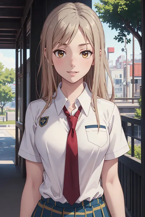 ((masterpiece)), (best quality), official art, extremely detailed CG, unity 8k wallpaper, ultra detailed,
KotoneNoda, school uniform, collared shirt, short sleeves, pleated skirt, kneehighs, red necktie,
happy, upper body,
outdoors,
<lora:KotoneNoda:0.9>
