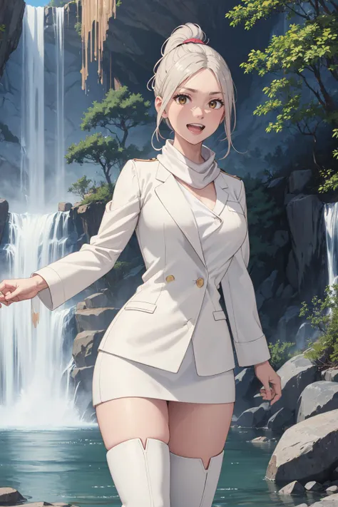 ((masterpiece)), (best quality), official art, extremely detailed CG, unity 8k wallpaper, ultra detailed,
KotoneNoda, ponytail, white coat, white shirt, white pencil skirt, white scarf, white thigh boots, 
:D upper teeth disgusted eyes, cowboy shot, 
Balancing on the edge of a glistening waterfall, she embraces the exhilaration of cascading waters, 
<lora:KotoneNoda:0.9>