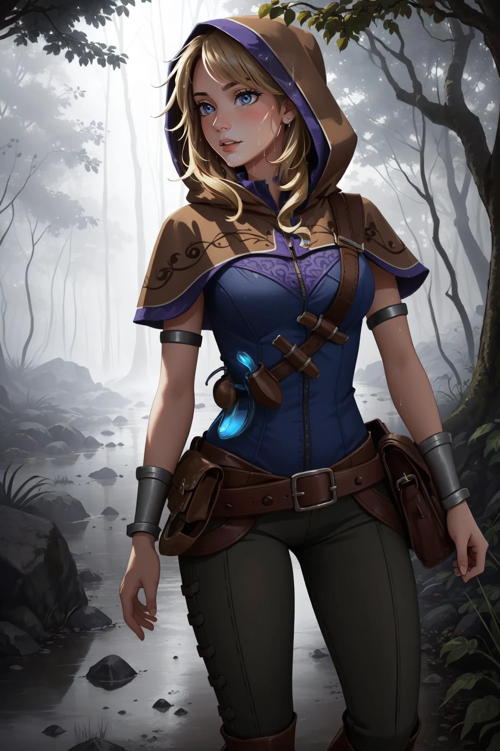 (masterpiece, best quality), intricate details,
1girl, <lora:spellthieflux-nvwls-v1-final:0.8> spellthieflux, hood, capelet, blue shirt, belt, bracelet, glowing, brown pants, boots
woods, jungle, mist, overcast lighting, dim lighting, creepy, dead trees, rain, wet clothes,