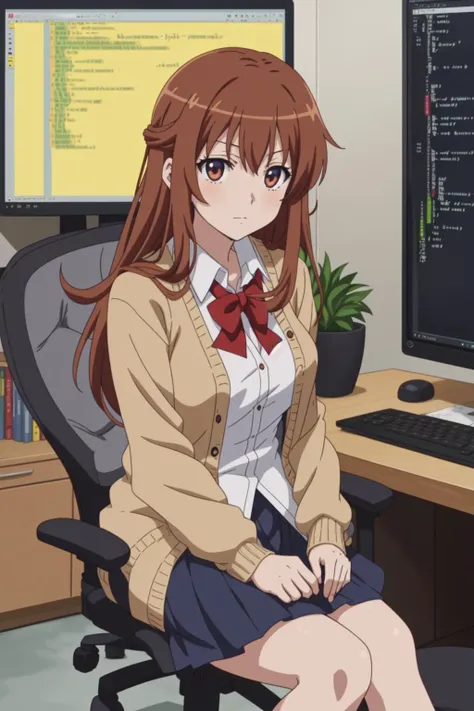 (anime screencap:1.2), 1girl, light brown hair, school uniform, superb, sitting at her pc, office chair, typing, coding, python code, bedroom, tan cardigan, red hair ribbon, 2d, (anime), detailed, illustration, intricate