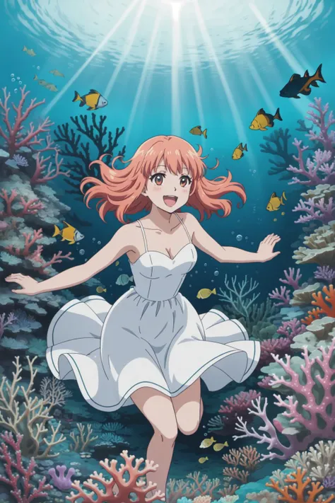 1girl, white dress, :D, (underwater, coral reef), fish, bubbles, cinematic, god rays, volumetric lighting, 2d, (anime), detailed, illustration, intricate