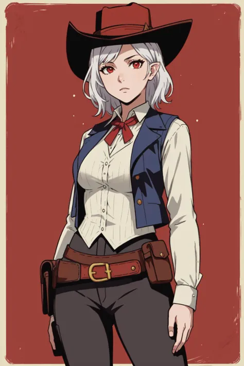 (colorful, promotional art, album cover, shadow, light particles), ((red dead redemption)), (red theme), (red background), cowboy hat, looking at viewer, 1girl, red eyes, white hair, pointy ears, medium breasts, vest, ((border)), ((lineart)), pants, chaps, (holster, shaded face:0.7), long sleeves, 2d, (anime), detailed, illustration, intricate