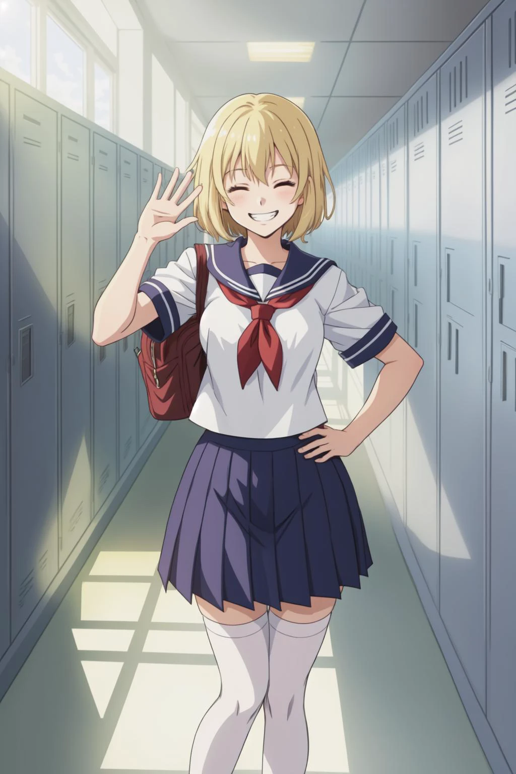 1girl, girl, school uniform, waving at viewer, hallway, lockers, pov, closed eyes, happy, blonde hair, grin, hand on hip, short hair, serafuku, white stockings, windows, sunlight, god rays, volumetric lighting, 2d, (anime), detailed, illustration, intricate