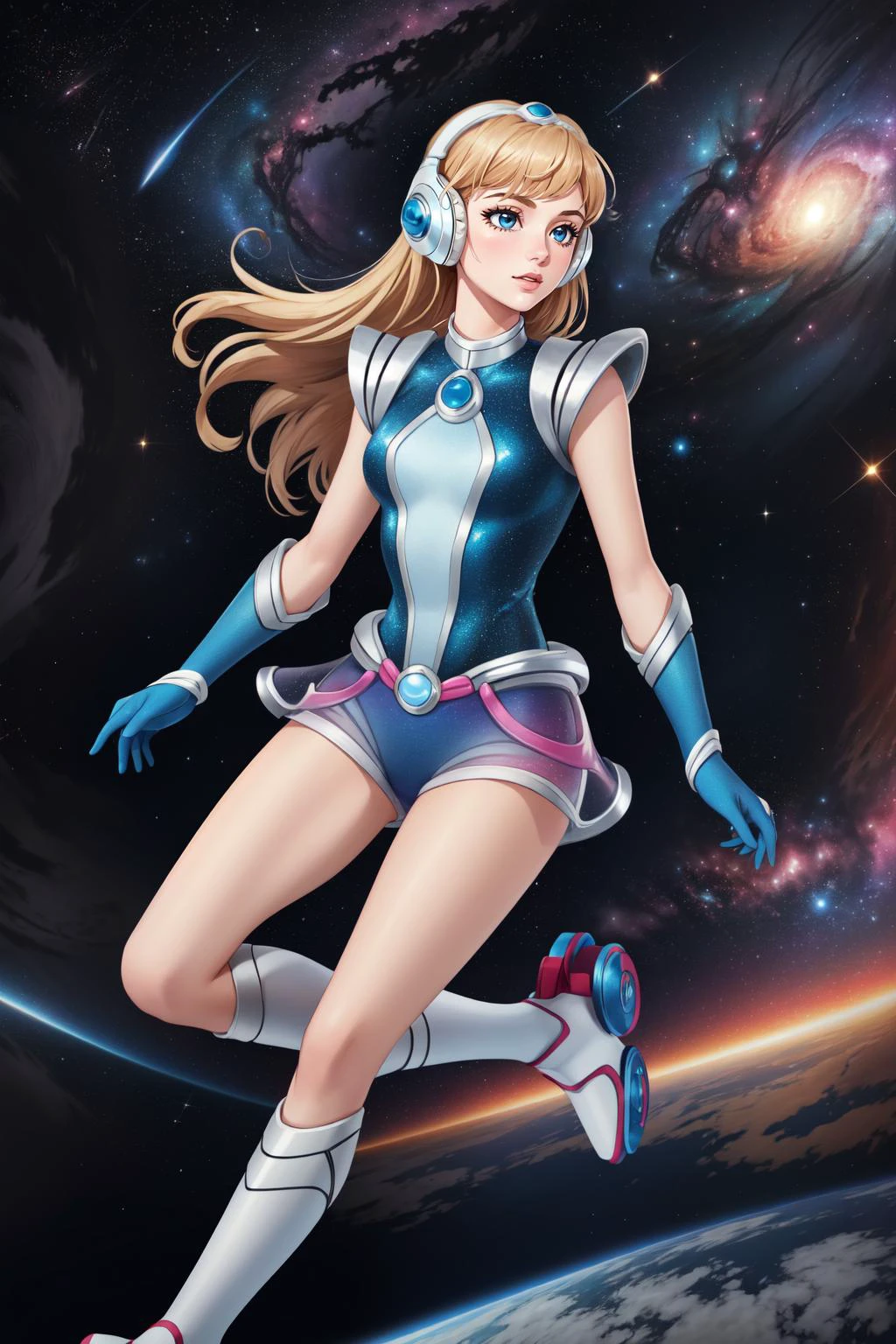(masterpiece, best quality), intricate details,
1girl, <lora:spacelux-nvwls-v1:0.8> sgLux, headphones, blue leotard, blue gloves, see-through skirt, blue shorts, roller skates
space, nebula, stars,