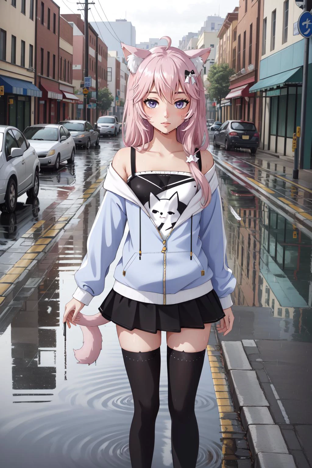 (masterpiece, best quality), intricate details,
1girl, <lora:CHAR-NyatashaNyanners:0.8> NyatashaNyanners, cat ears, cat tail, NyannersBase, cat ears, hoodie, long sleeves, camisole, cat print, white skirt, cat ear legwear, asymmetrical legwear,
city, street, rain, wet clothes, puddles, reflection, see-through,