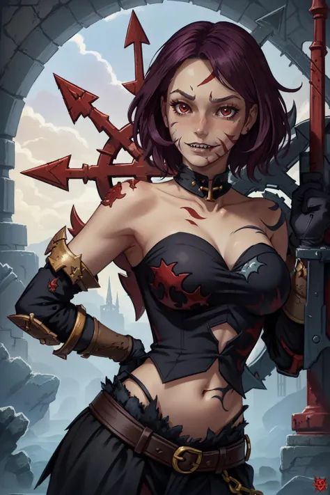 (masterpiece, best quality),  intricate details,
1girl,    <lora:CultistChan:0.8> cultist chan, short hair,purple hair,red eyes, tattoo, sharp teeth, scar,
blood, shadows, evil, night, warhammer 40k, gothic architecture,