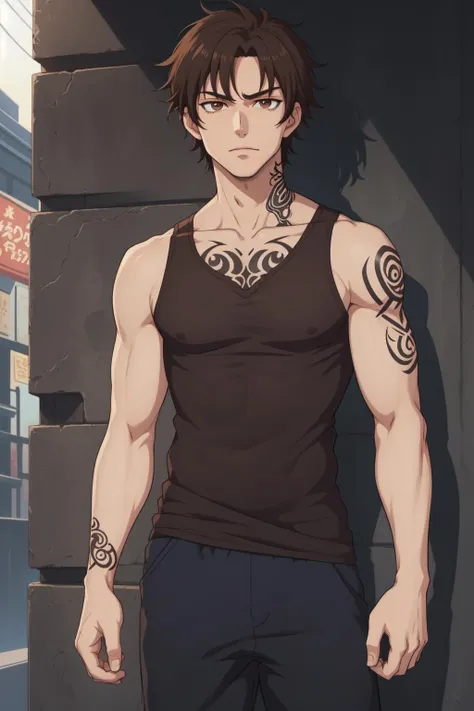 1boy, man, masculine, dark brown hair, brown eyes, tank top, arm tattoo, facing viewer, standing, 2d, (anime), detailed, illustration, intricate