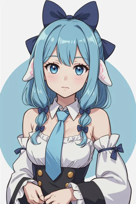 1girl, solo, Cinnamiku, blue hair, blue eyes, hair rings, hair bow, blue bow, (cinnamoroll, tied ears), black sleeves, bare shoulders, blue necktie, wide sleeves, collared shirt, detached sleeves, necktie, blue necktie, frilled collar, cute, hair behind ear, 2d, (anime), detailed, illustration, intricate